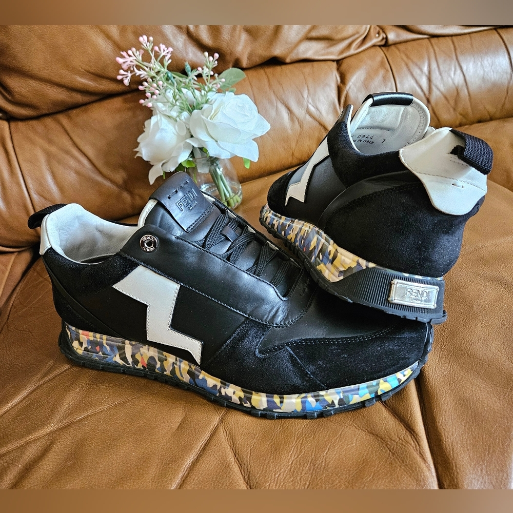 Men's Fendi Black White Leather Timeless Sneakers Size 9 US or 7 UK